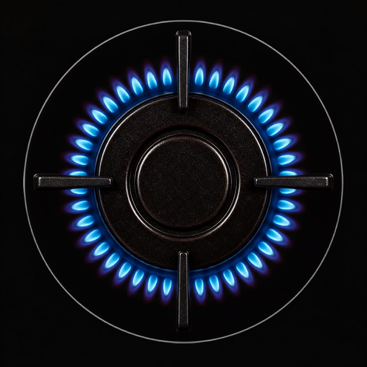 Blue gas burner flame ring on a black glass hob