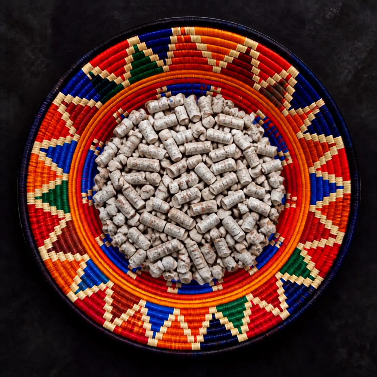 Woven African basket filled with clean cooking fuel pellets