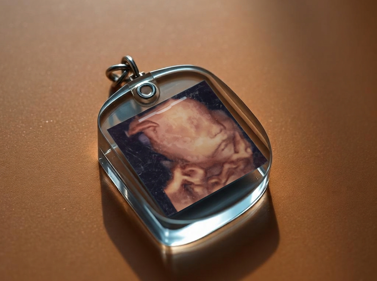 A clear perspex keyring holding a 3D ultrasound scan photograph of a baby's face